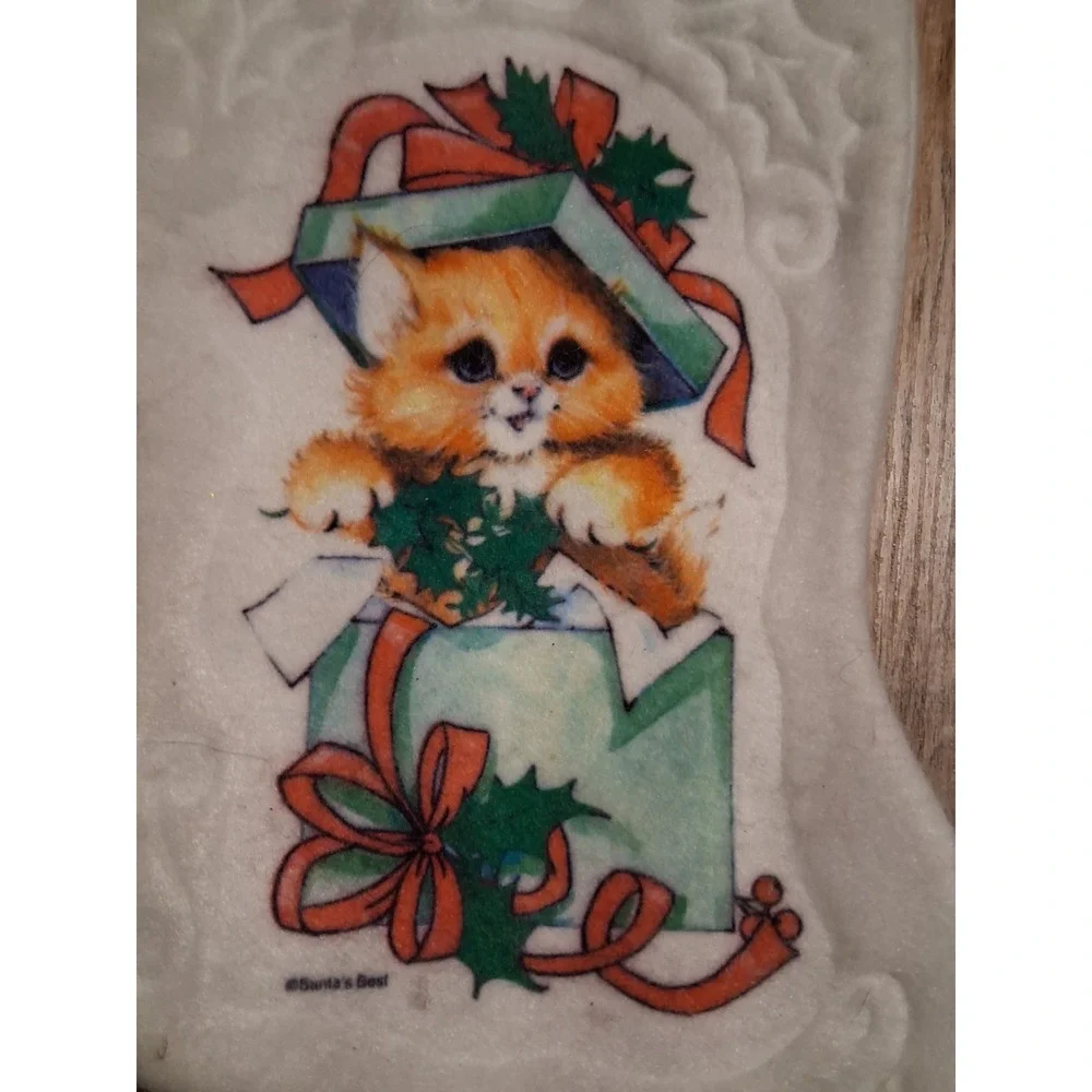 Vintage 80s 90s Christmas Stocking Felt Kitten Kitty‎ Cat Santa's Best